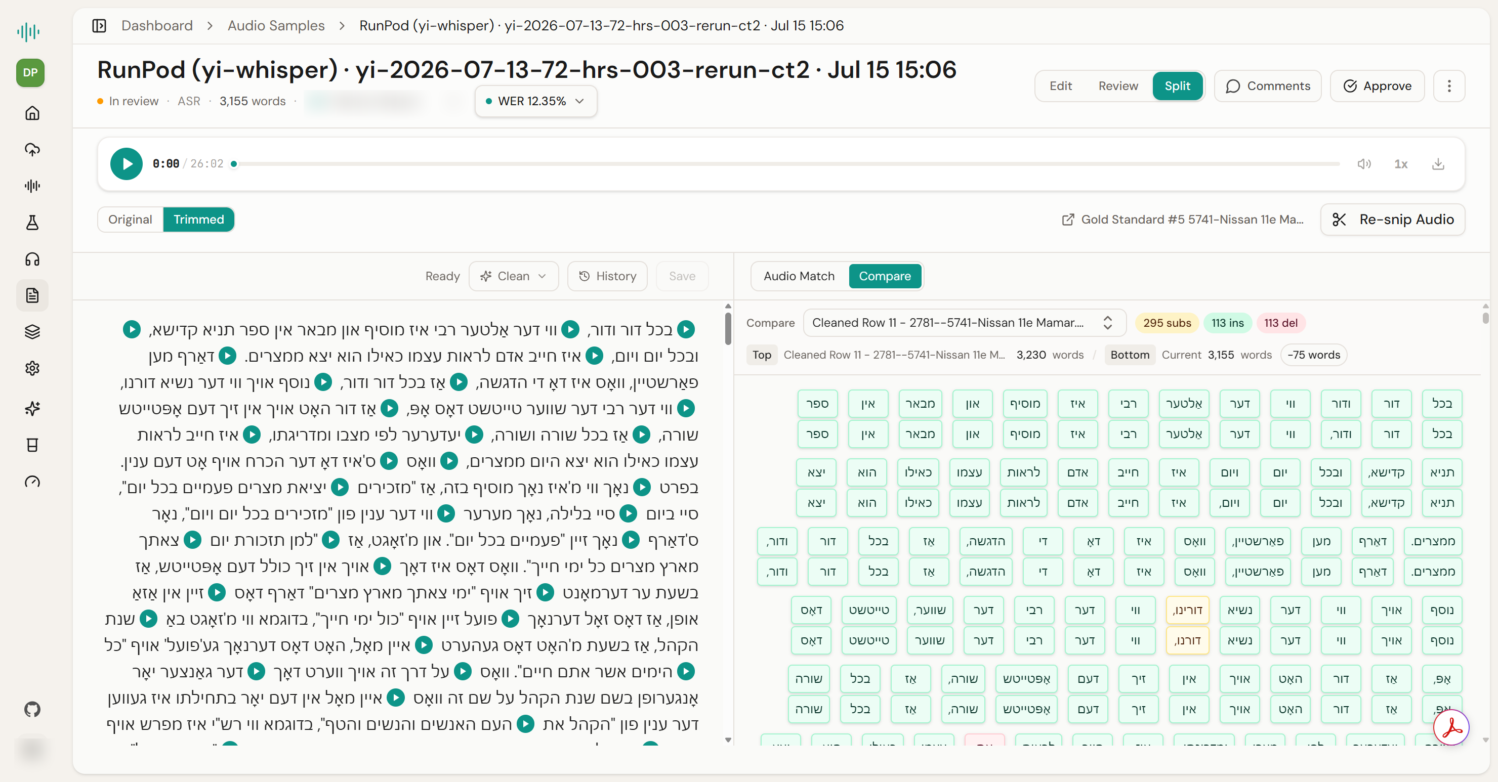 Kolyid audio and transcript correction workspace