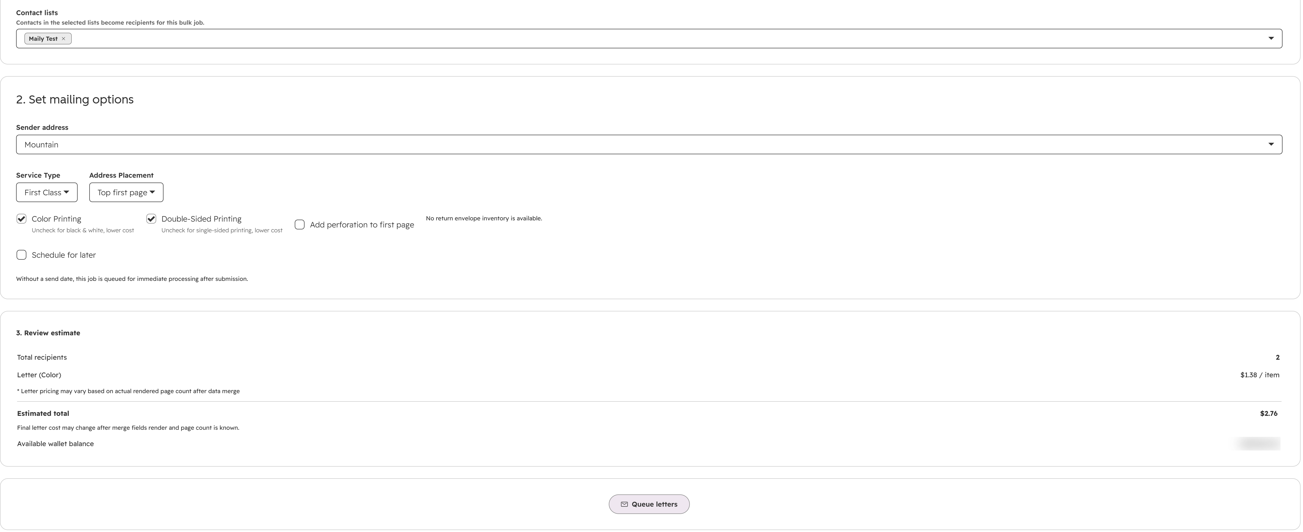 Maily bulk send with a HubSpot list, recipient count, and mailing options