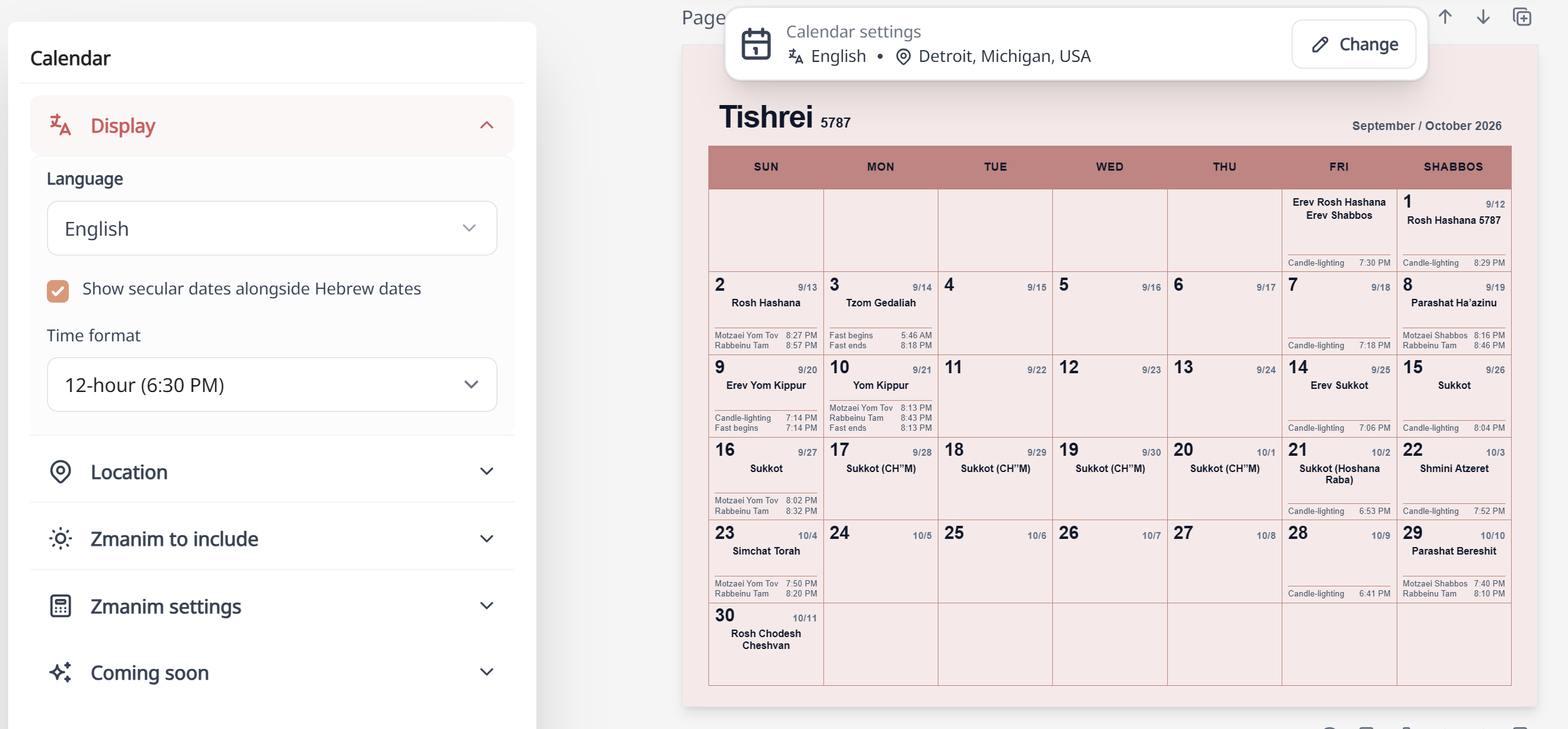 Say Lechayim calendar editor showing a Tishrei calendar and controls for language, civil dates, time format, location, and zmanim