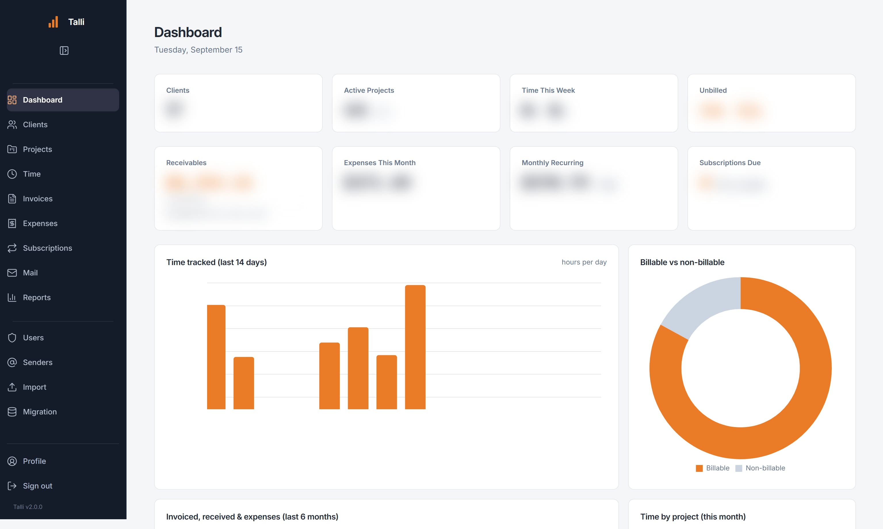 Talli project, time, invoice, and payment workspace