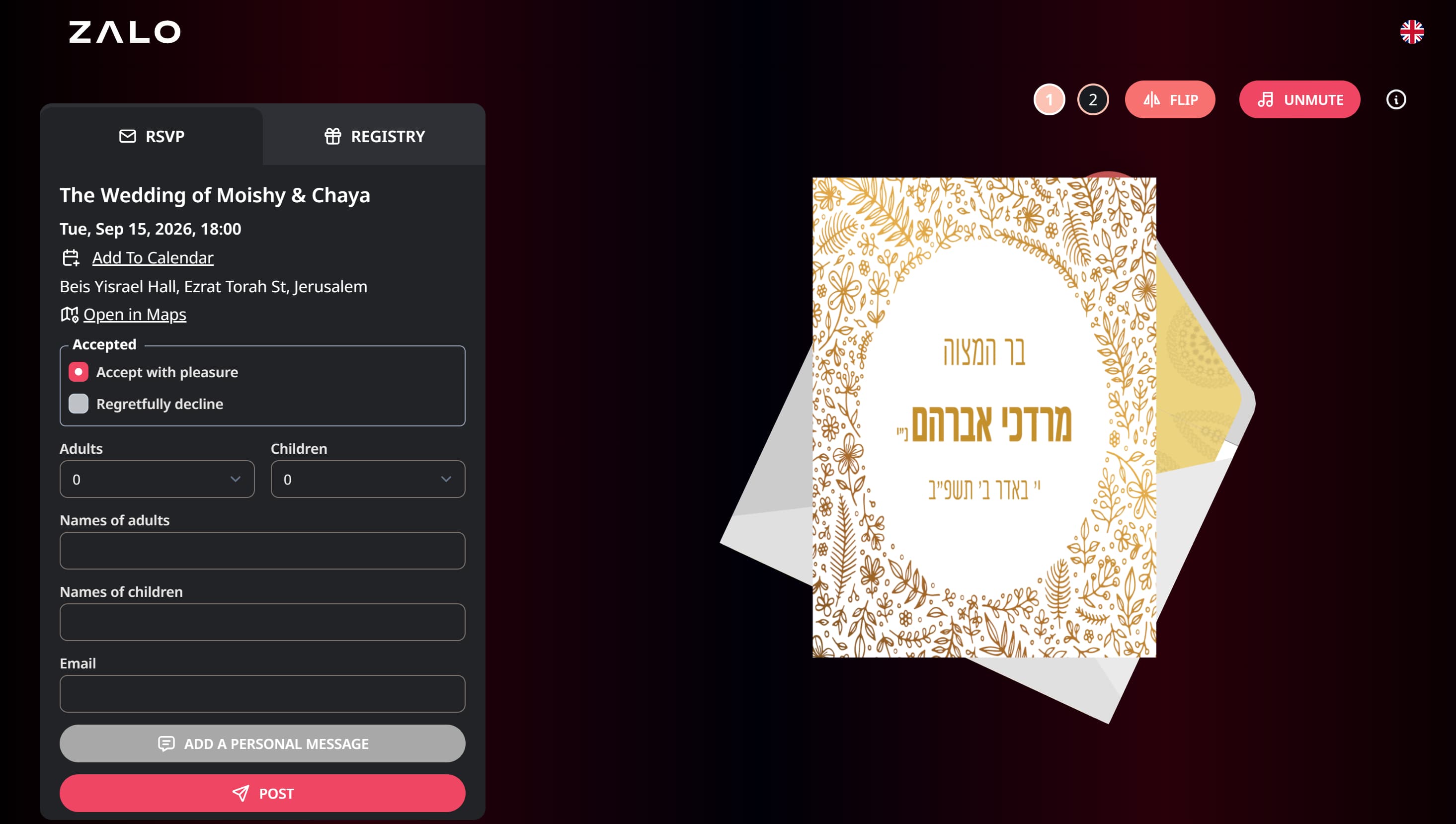 Zalo invitation, guest list, RSVP controls, and response tracking